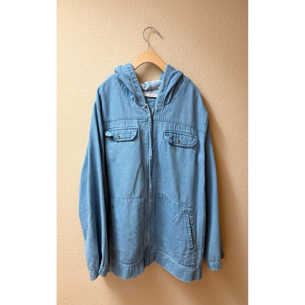 Roamans 90's Utility Light Wash Denim Full Zip Hoodie Jean Jacket Plus Size